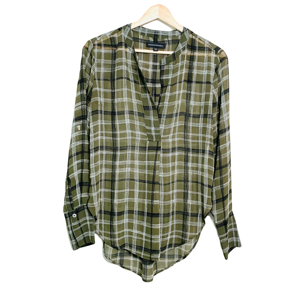 BANANA REPUBLIC Sheer Long Sleeve Pullover V-Neck High Low Plaid Blouse Size XS